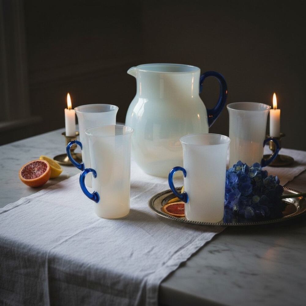 Rare Fry Foval Opalescent Lemonade Set-Cobalt Blue-Art Deco Glass-1920s-Antique